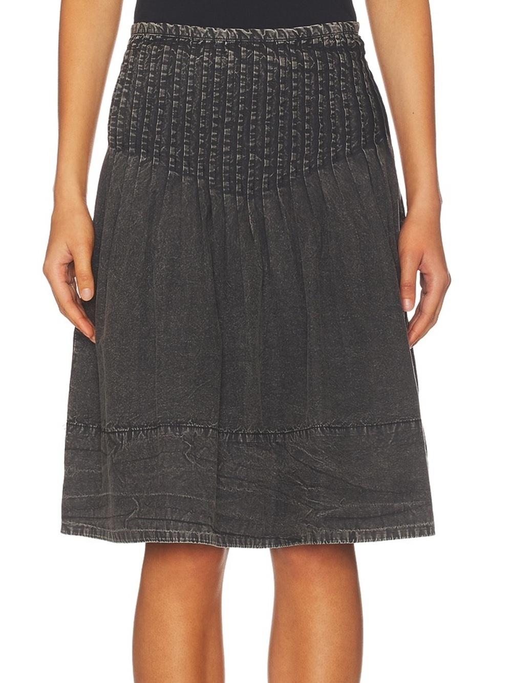 Free People Peyton Pintuck Midi Skirt 4 Washed Black Pleated Cotton $128